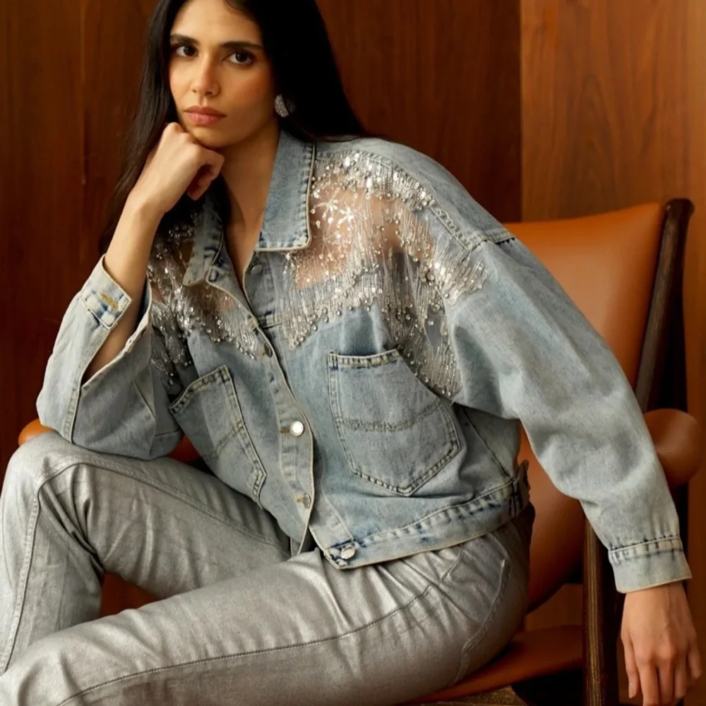 DAVI & DANI NWT Light Blue Cropped Denim Jacket with Sheer Embellishments Size S - Picture 2 of 13